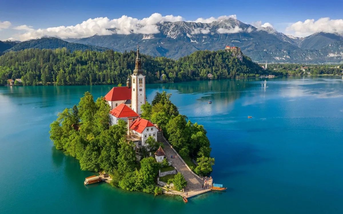 The island church on Lake Bled seen across the water