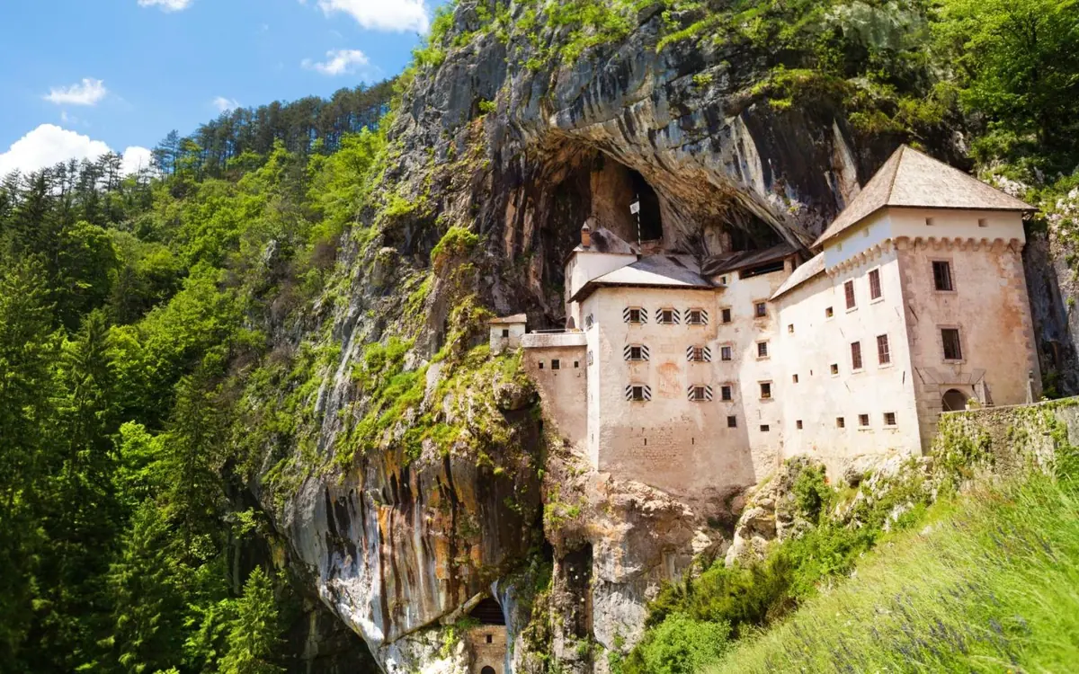 The medieval castle at Predjama built into the face of its cliff in the karst country